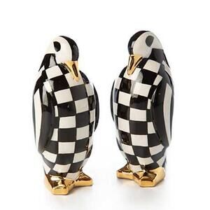 MACKENZIE CHILDS Checkmate Penguin Salt & Pepper Set Black & White New